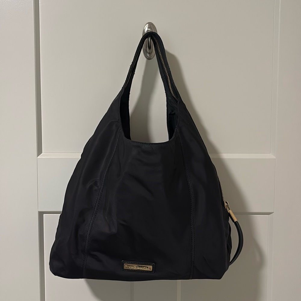 Vince Camuto Zoe Hobo Bag Purse Tote Black Rayon/Poly Zipper Strap